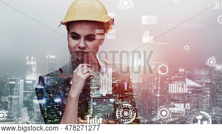 Future Building Construction And Inventive Engineering Project Concept With Hud Hologram Graphic Des