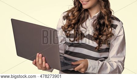 Teen School Girl Estudy In Studio, Cropped View. Teen School Girl Estudy On Laptop.