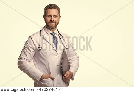 Emedicine Concept. Doctor Hold Laptop For Emedicine. Medical Worker Practicing Emedicine. Copy Space