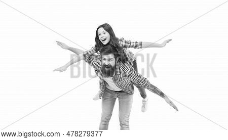 Imagination Can Get You Everywhere. Happy Family Imagine Flying. Imaginary Sky Travel. Father And Da