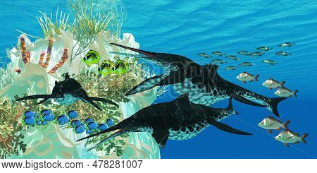 Shonisaurus Reptiles Underwater 3d Illustration - Shonisaurus Ichthyosaurs Swim Among Fish Surroundi