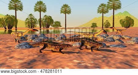 Riverside Dinosaurs 3d Illustration - A Coelophysis Hunting Pack Surround Two Desmatosuchus Armored 