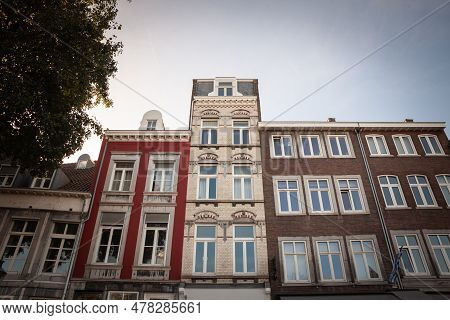 Typical Facades Of Dutch Architecture In The City Center Of Maastricht, Netherlands, With Residentia