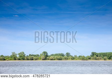 Landscape Of The Danube River In Krcedin, Vojvodina, Serbia, During A Sunny Afternoon, Facing A Gree