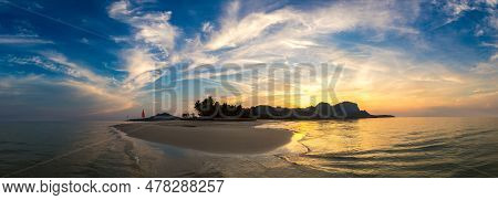 Koh Mook, Thailand - April 14, 2019: Panorama Of Sunset At Tropical Beach At Koh Mook (koh Muk) Isla
