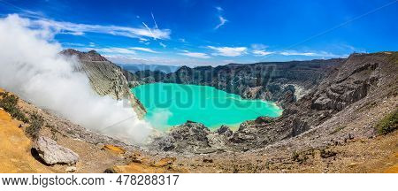 Panorama Of  Crater Of Active Volcano Ijen, Java Island, Indonesia