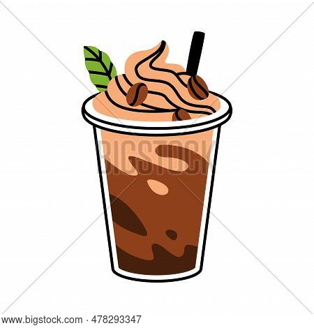Frappe Or Irish Coffee In Glass With Straw And Whipped Cream Vector Illustration