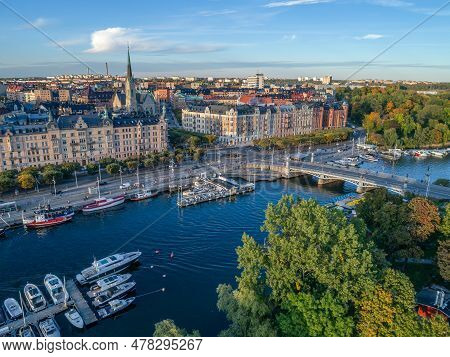 Sweden Stockholm Aerial View Of Strandvagen Boulevard And Ostermalm District On A Sunny Day Sunset