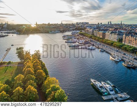 Sweden Stockholm Aerial View Of Strandvagen Boulevard And Ostermalm District On A Sunny Day Sunset