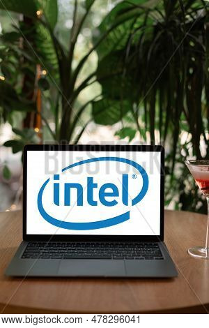 Odessa, Ukraine - June 14, 2023: Laptop Computer In Cafe Displaying Logo Of Intel, Intel Corporation