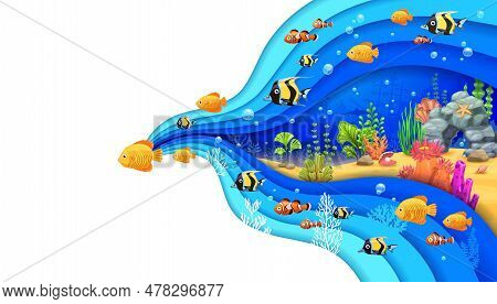 Cartoon Tropical Fishes, Seaweeds, Starfish And Corals, Underwater Paper Cut Or Sea Landscape Vector