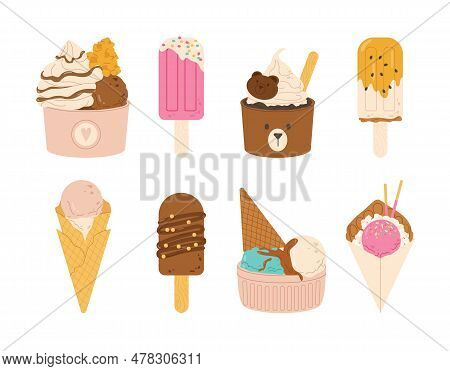 Set Of Desserts Ice Cream. Frozen Sweet Food For Hot Weather And Summer Season. Cold Chocoilate On S