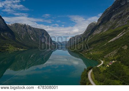 View Across Jolstravatn Lake, Jolster, Norway. Aerial Drone Shot In July 2019