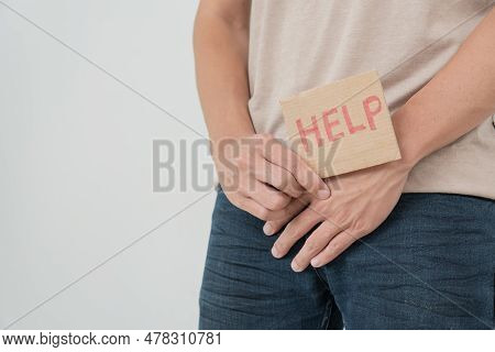 Man Hold Hand In Front Of Private Parts Feeling Discomfort From Disease And Inflammation. Venereal, 
