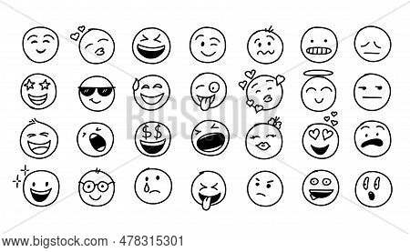 Hand Drawn Doodle Style. Comic Line. Doodle Emoji Face Icon Set. Emoji With Different Emotion Mood. 