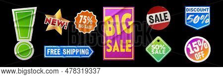 Colorful Set Of Sale Stickers Isolated On Black Background. Vector Realistic Illustration Of Wrinkle