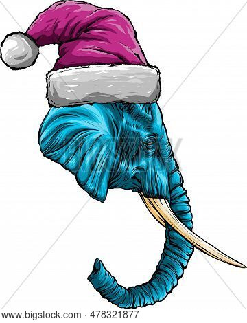 Vector Illustration Of Elephant In Santa Claus Hat.