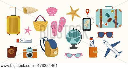 Summer Holiday Vacation Journey Illustrations Collection. Flat Style Vector Tropical Beach Trip Icon