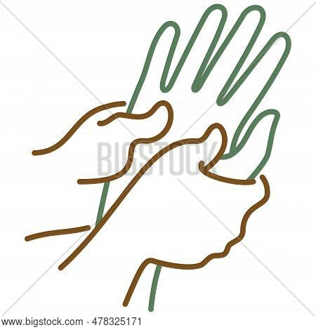Two Hands Massaging Another Person Hand. Vector Bicolor Outline Icon Of The Palm Massage Isolated On
