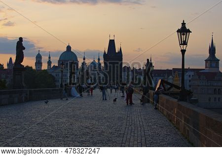 Prague, Czech Republic-august 21,2018:astonishing Sunrise Landscape In Prague. Medieval Charles Brid