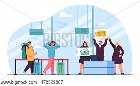 Airport Staff Refusing To Work Vector Illustration. Shocked Tourists Missing Flight Because Of Worke