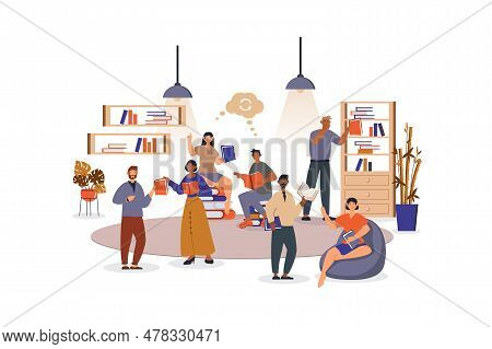 Bookcrossing Concept With Character Scene For Web. Women And Men Reading, Sharing And Borrowing Book