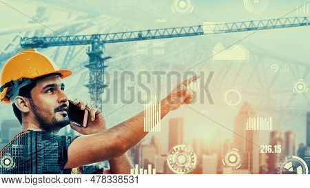 Future Building Construction And Inventive Engineering Project Concept With Hud Hologram Graphic Des
