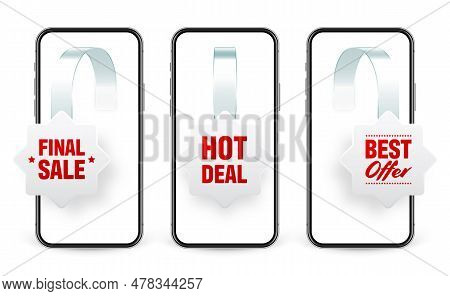 Supermarket Promotional Wobblers And Smartphone. Realistic Wobbler For Shelf Advertising. Sale Or Di