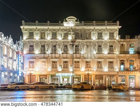 Havana, Cuba - October 24, 2017: Hotel Inglaterra Of Havana In Cuba. Long Exposure Night Photo.