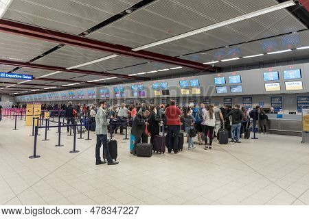 London, England - September 29, 2017: Luton Airport Check In Area Interior. London, England, United 