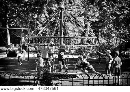 Vilnius, Lithuania - August 31, 2017: Public Park In Lithuania, Vilnius. Children Enjoy Sunny Summer