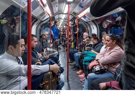 London, England - September 25, 2017: London Underground. People In Metro Train.