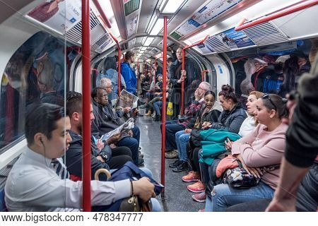 London, England - September 25, 2017: London Underground. People In Metro Train.