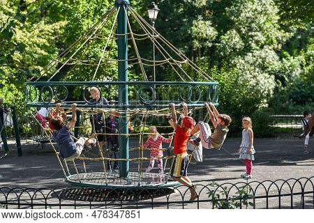 Vilnius, Lithuania - August 31, 2017: Public Park In Lithuania, Vilnius. Children Enjoy Sunny Summer