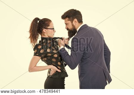Bitter Rivalry. Business Partners Compete Each Other. Business Relations. Bearded Man And Sexy Woman