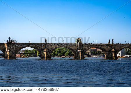Prague, Bohemia - Cz- June 3, 2023 Horizontal View Of The Charles Bridge (karlův Most) A Medieval St