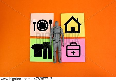 The Shape Of The Human Body And Wood With The Words Basic Human Needs, Namely Food, Clothing, Health