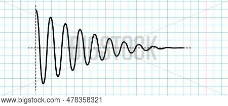 Sinusoid Fading Signal On Blue Grid Paper. Black Curve Sound Wave On Checkered Paper. Voice Or Music