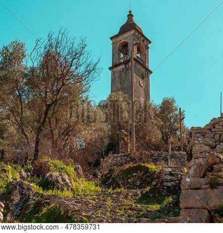 Old Bell Tower In The Abandoned Village Of Gornji Stoliv In The Bay Of Kotor, Montenegro
