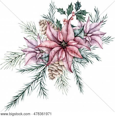 Christmas Bouquet Of Red Poinsettia Flower, Pine Cone, Silver Plant Dusty Miller, Snowberry, Waxberr