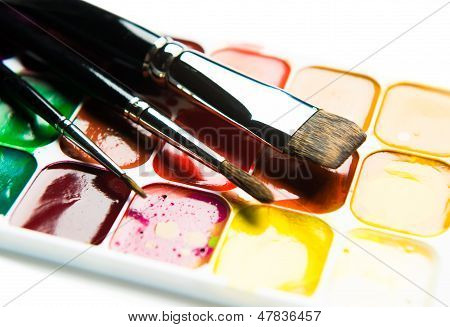 Akvarel Paintbox og pensler Close-up