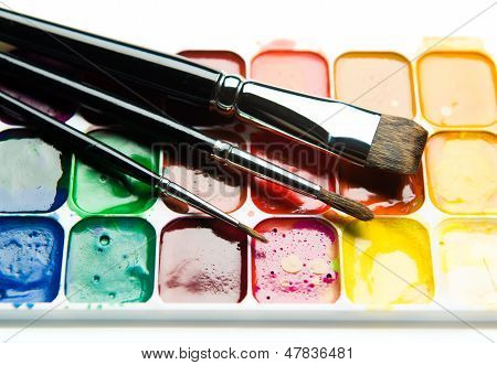 Akvarel Paintbox og pensler Close-up