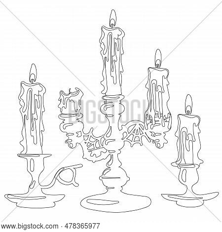 A Set Of Candlesticks With Candles. The Outline Of Antique Hand Holders With Candles. Candles For Di
