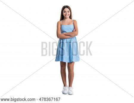 Happy Teen Girl In Summer Dress Isolated On White. Teen Girl In Summer Dress At Studio.