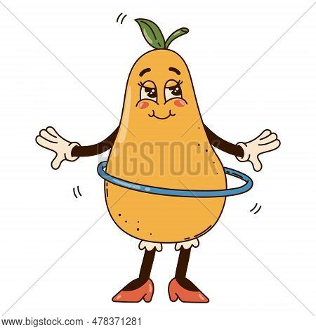 Isolated Groovy Character Pear With Hula Hoop In Gloves In Flat Retro Classic Cartoon Style On White