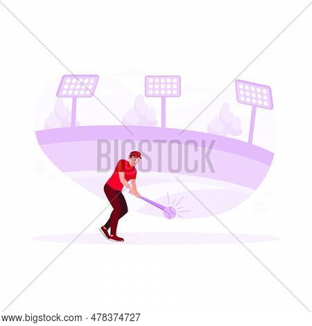 Field With Shady Trees, Lights, And A Professional Baseball Player Playing. Trend Modern Vector Flat