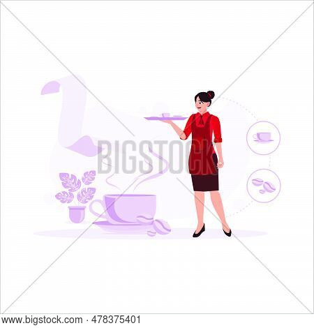 Young Female Waitress, Delivering A Cup Of Hot Coffee, Using A Tray, Walking Confidently, And Smilin