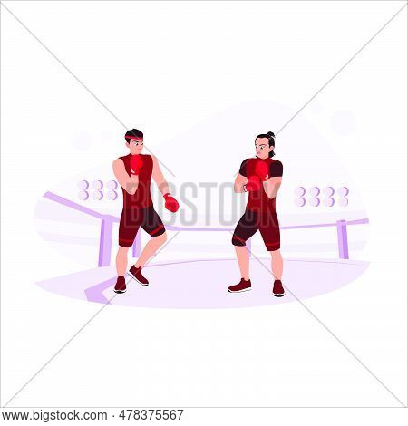 Two Professional Boxers, Boxing Duel In The Ring, With Power And Attack. Trend Modern Vector Flat Il