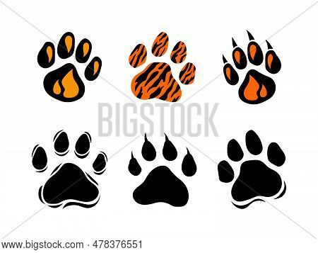 Paw Prints Set. World Tiger Day. Wildlife, Tiger Paw Prints. Vector Animal Prints Silhouette, Isolat