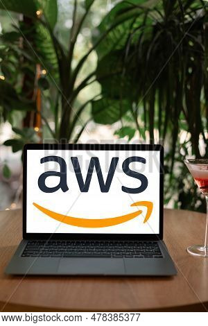 Odessa, Ukraine - June 14, 2023: Laptop Computer Displaying Aws Logo. Aws Is A Subsidiary Of Amazon 